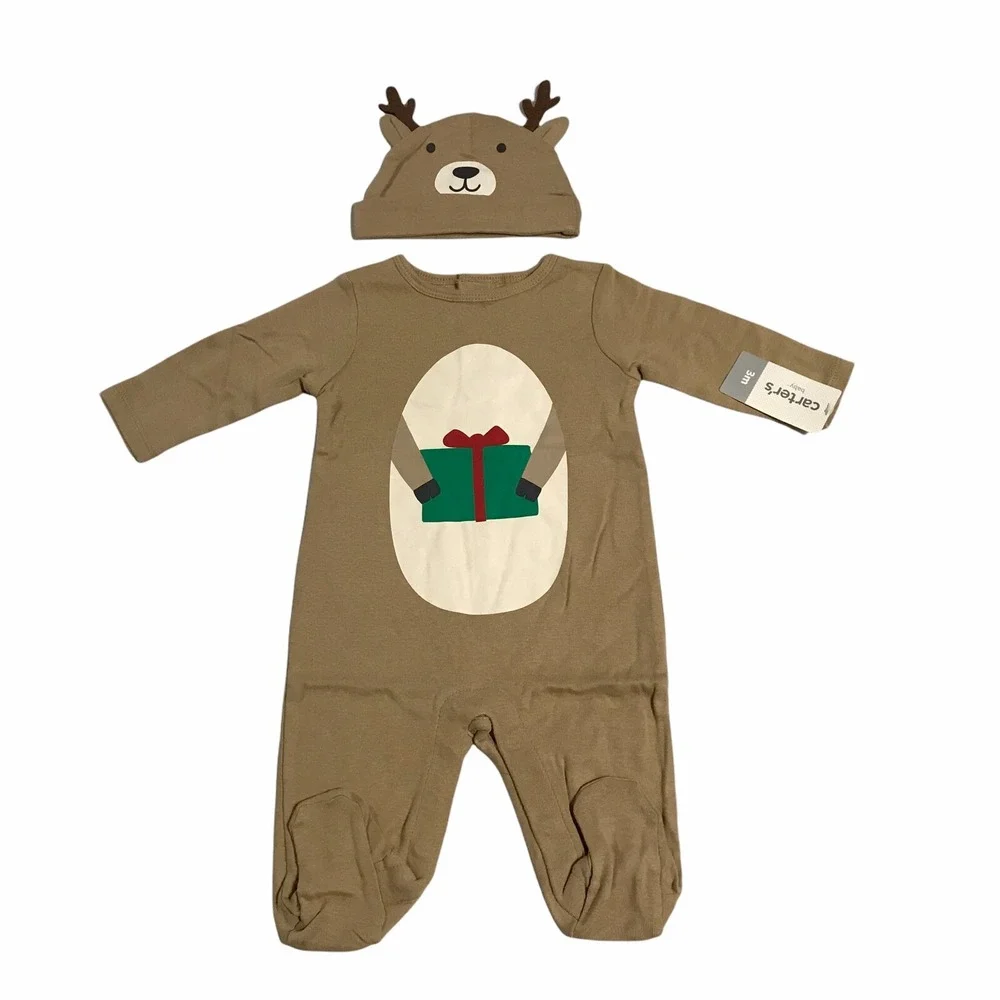 Carter's Baby Boys 2-Piece Reindeer Coverall & Hat Set for Christmas Sz 3M Brown